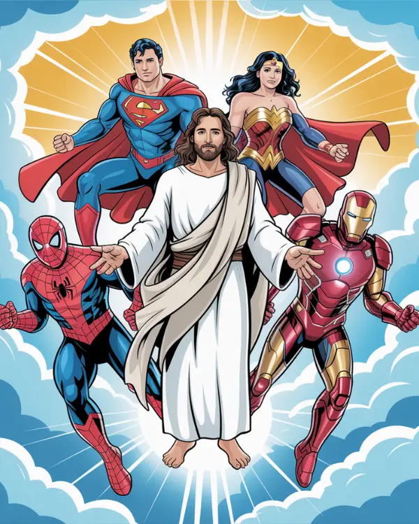 Superheroes in a heavenly scene.