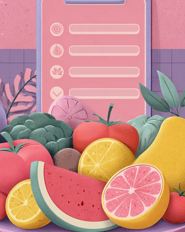 A colorful assortment of fruits and vegetables arranged in front of a pink clipboard with checkboxes.