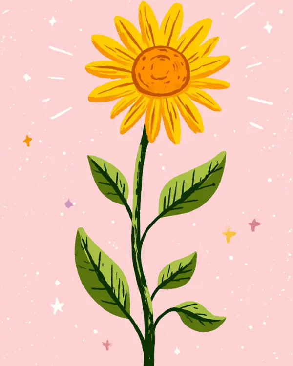 A bright yellow sunflower with green leaves stands against a pink background, radiating cheerful energy.