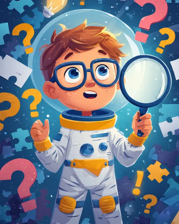A curious child in a spacesuit holds a magnifying glass, surrounded by colorful question marks and puzzle pieces.