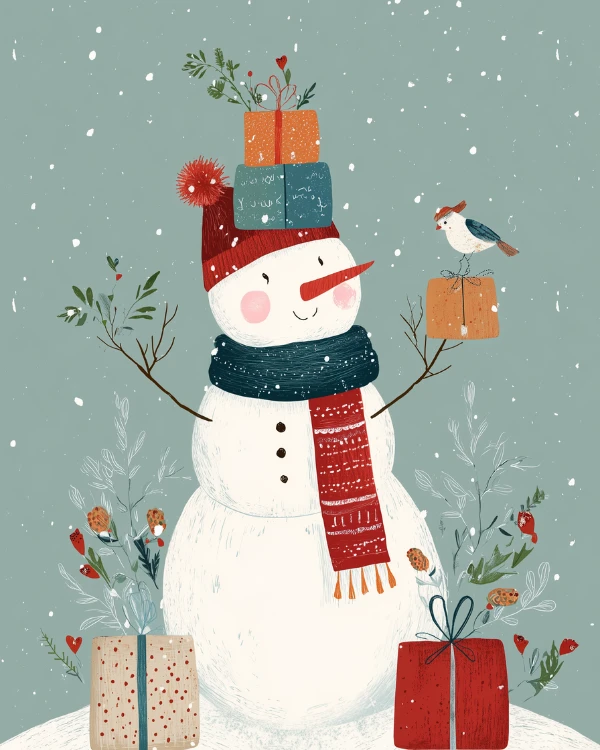 A cheerful snowman wearing a scarf and hat holds gifts, with a bird perched nearby amidst falling snow.