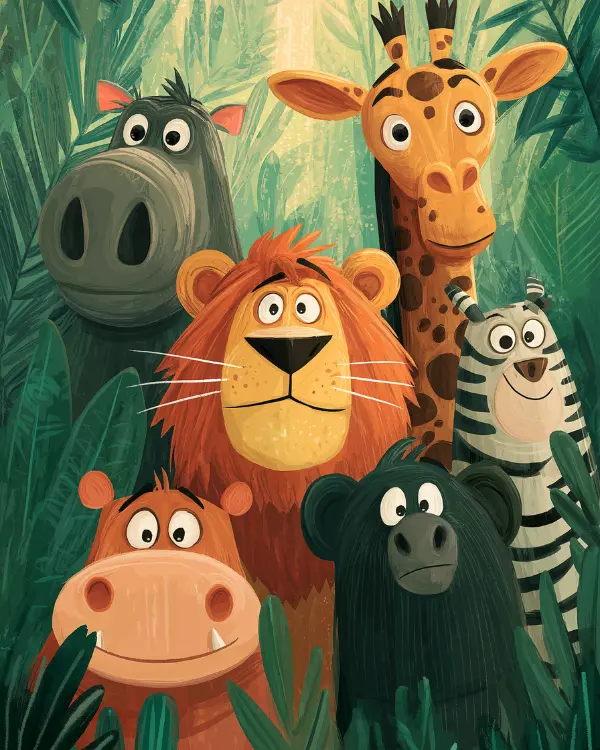 A group of cartoon animals, including a lion, giraffe, and zebra, poses together in a lush jungle setting.