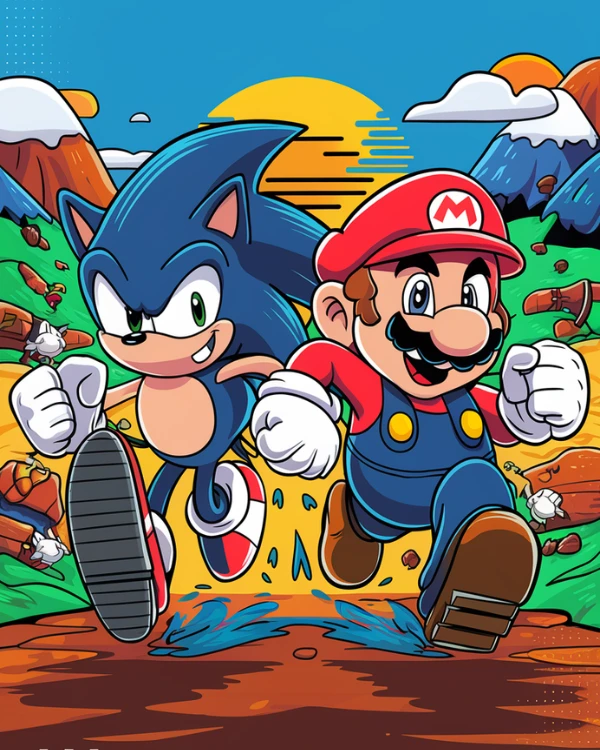 Sonic and Mario run together joyfully through a colorful landscape, splashing in water.