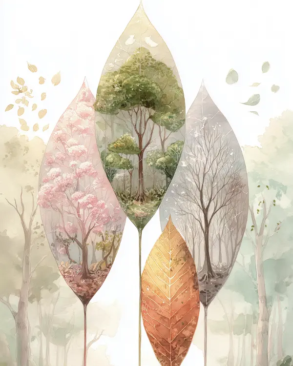 Four leaves depicting seasonal trees