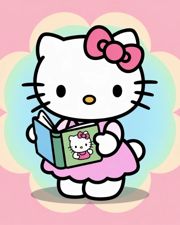 Hello Kitty, wearing a pink dress and bow, reads a book featuring herself on the cover.