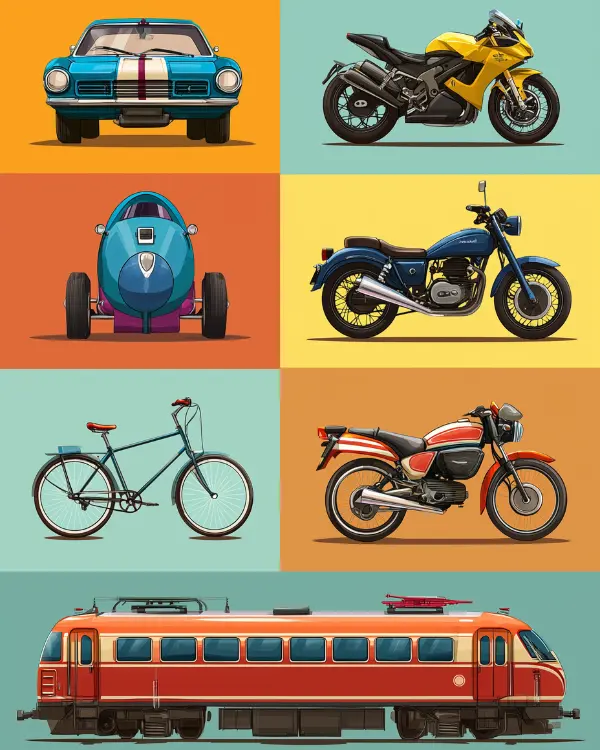 Various vehicles in colorful grid