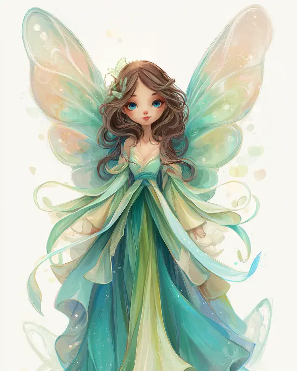 Fairy with colorful wings and dress.