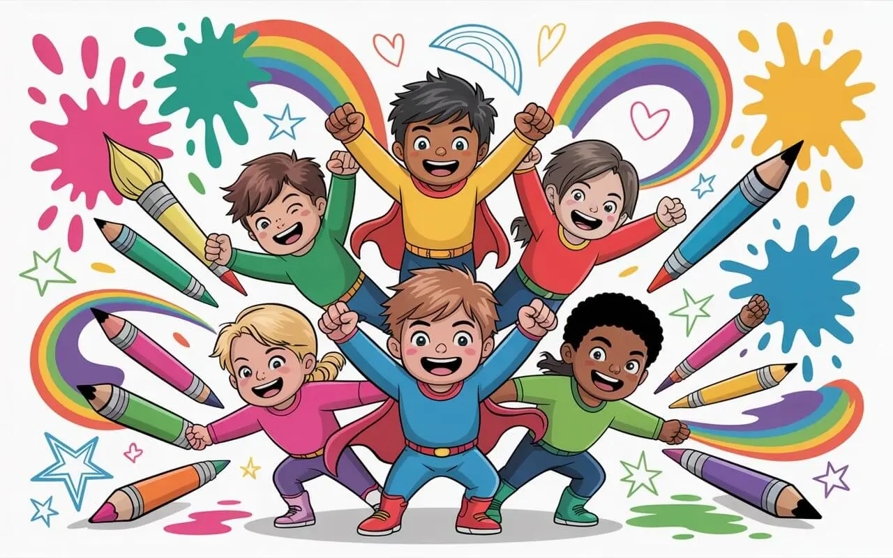 Children dressed as superheroes celebrating creativity.