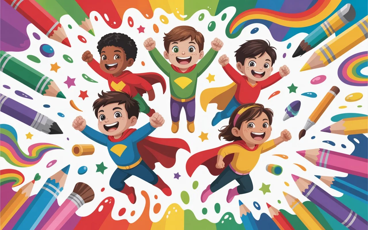 Children dressed as superheroes celebrating creativity.