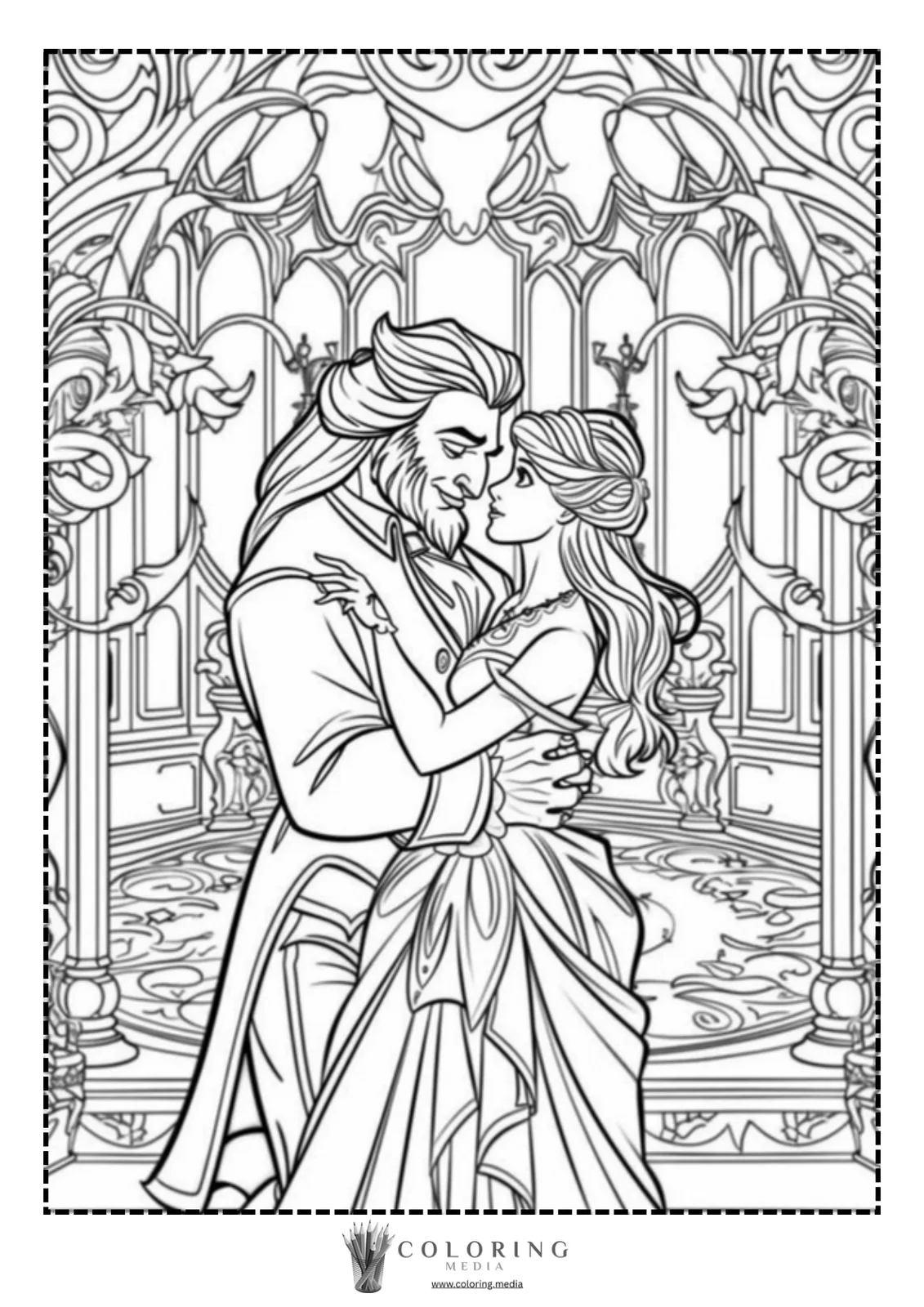 A couple embraces in a romantic dance within an ornate setting.
