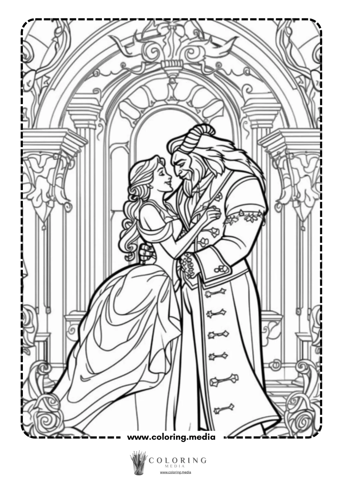 A couple embraces in a romantic setting, surrounded by ornate architecture.