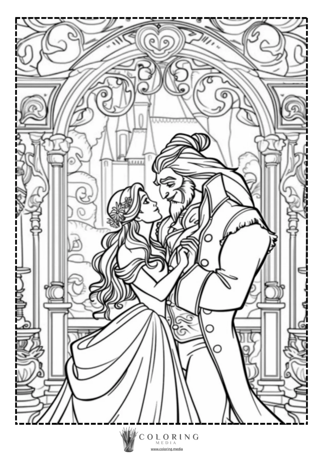 A couple gazes lovingly at each other in a romantic, ornate setting.