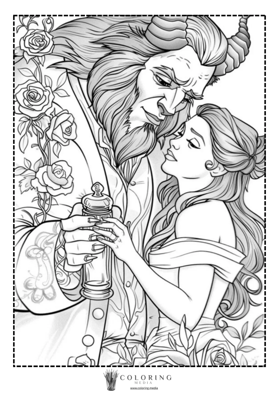 A beast and a woman share a tender moment, holding hands amidst roses.