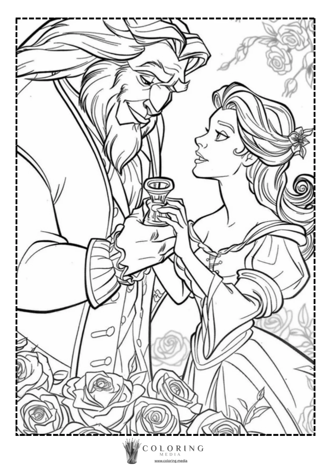 A woman gazes at a beast, holding a small glass between them.