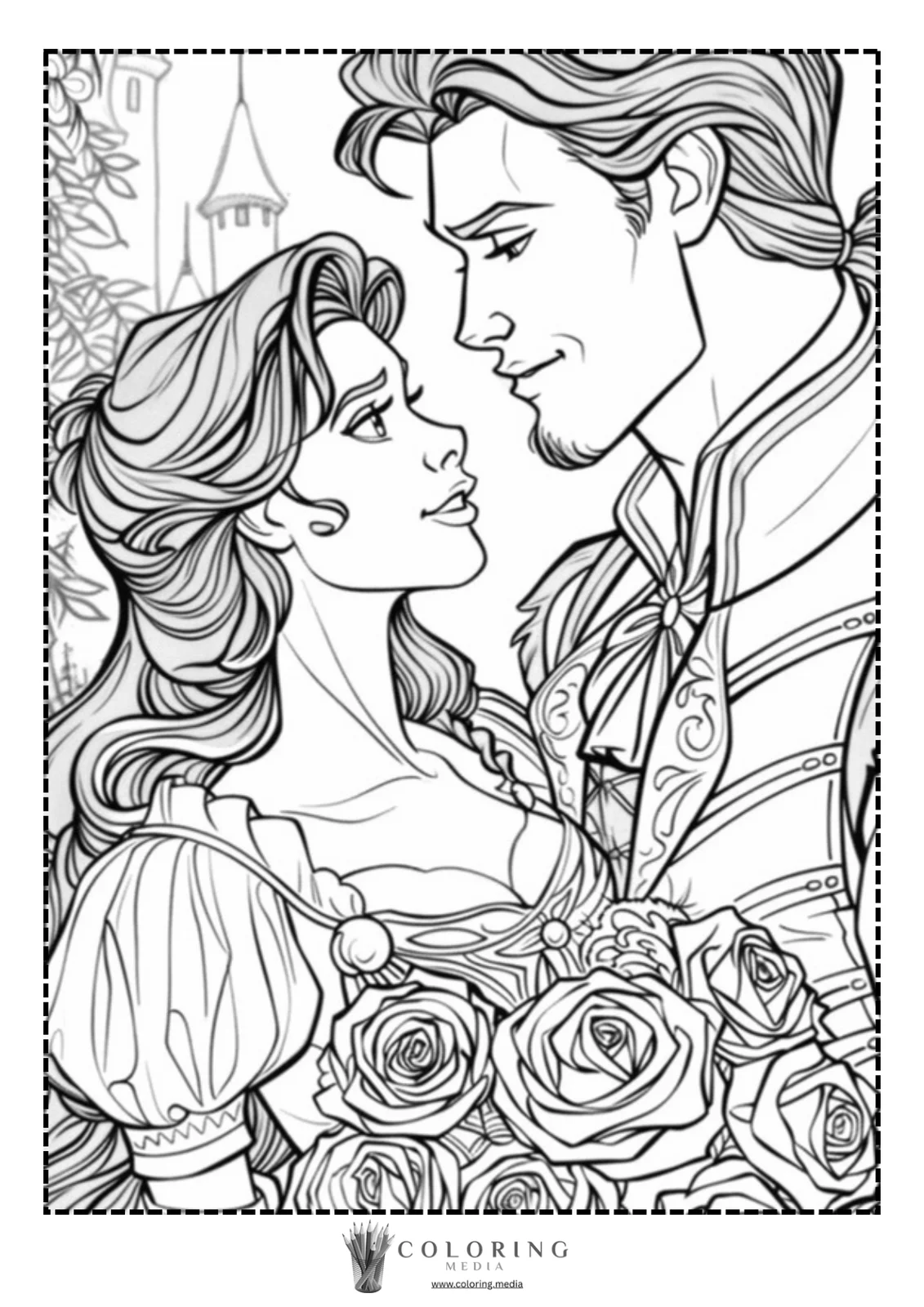 A couple gazes lovingly at each other, surrounded by roses.