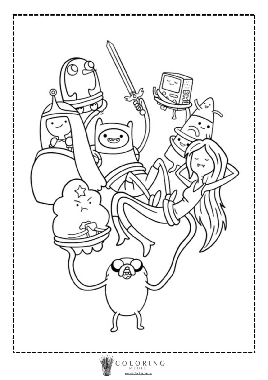 Coloring page featuring various cartoon characters in playful poses.