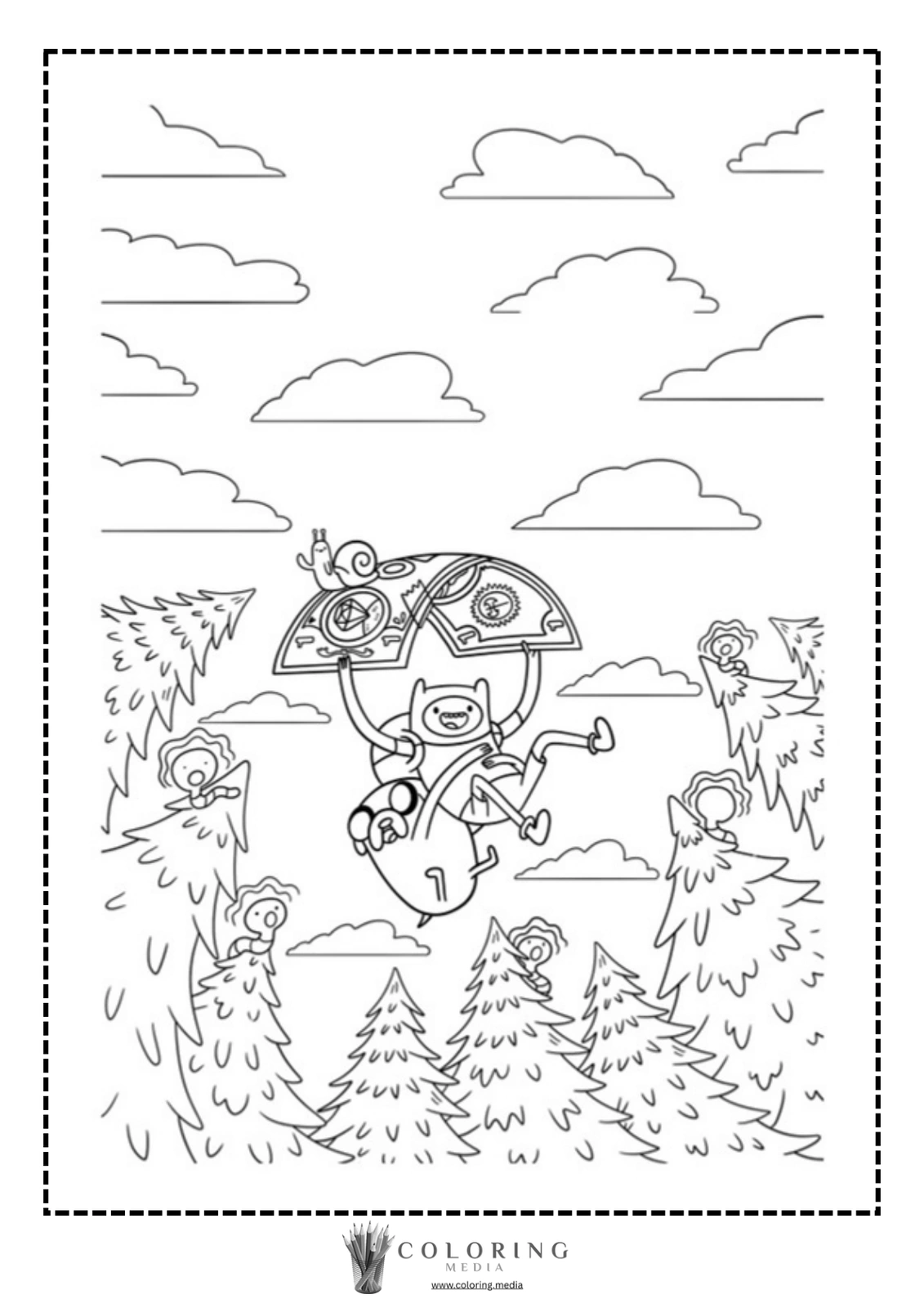 A character joyfully glides through the air, holding an umbrella above trees.