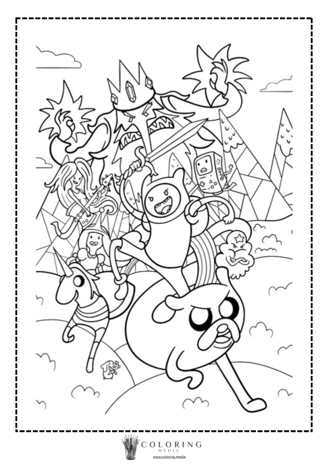 Coloring page featuring characters on an adventure in a whimsical landscape.