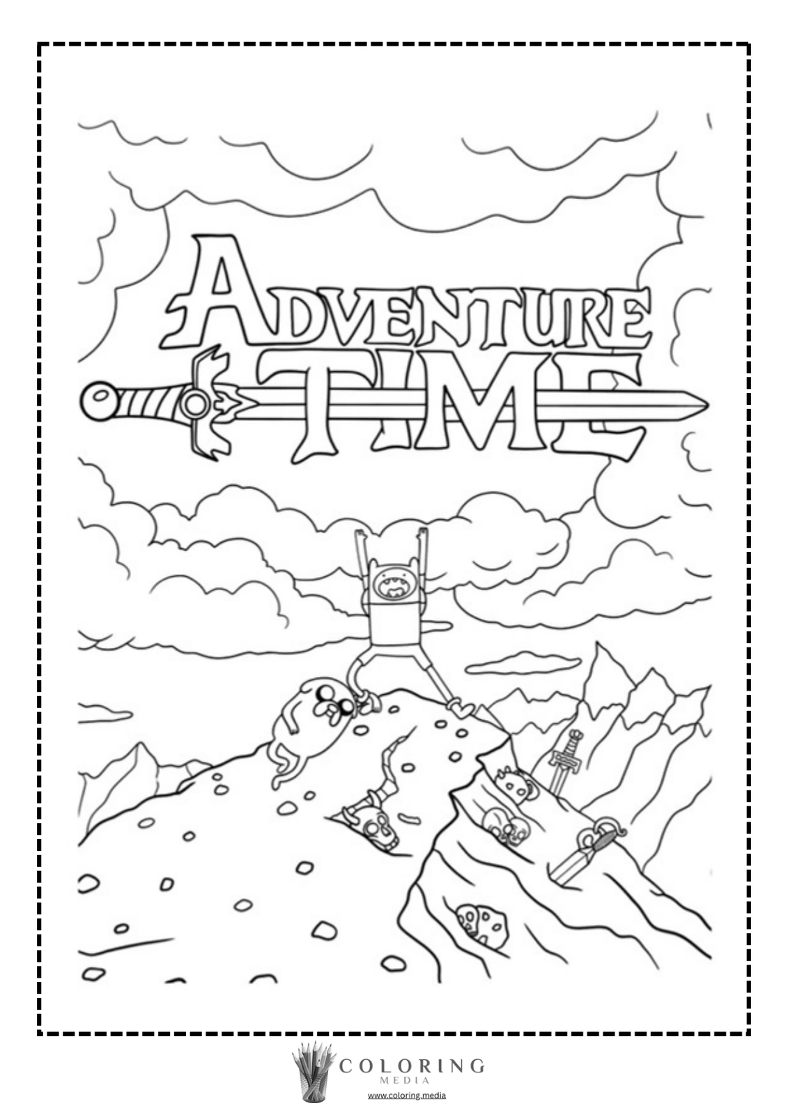 Finn triumphantly raises his sword on a rocky mountain landscape. "ADVENTURE TIME" is above.