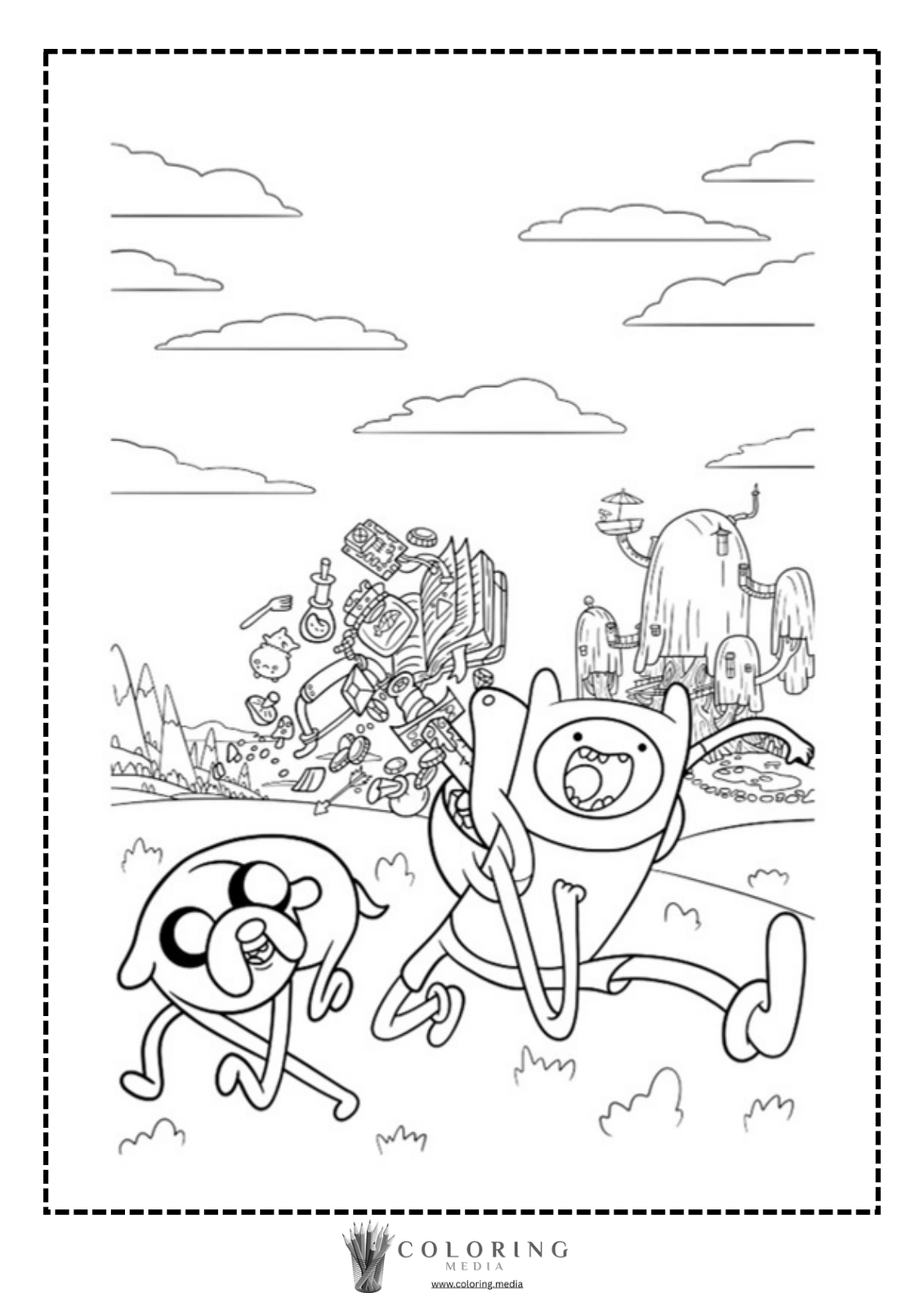 Finn and Jake joyfully run amidst scattered treasures in a whimsical landscape.