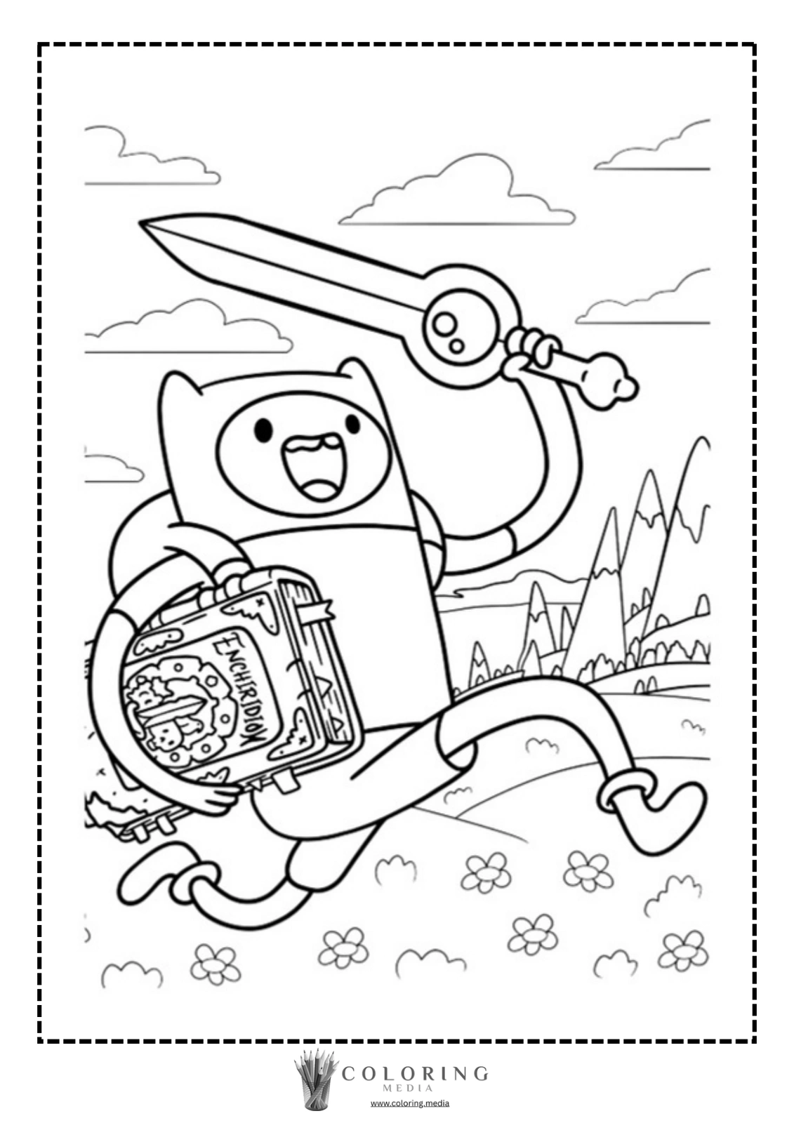 A character with a sword joyfully runs while holding an enchanted book.