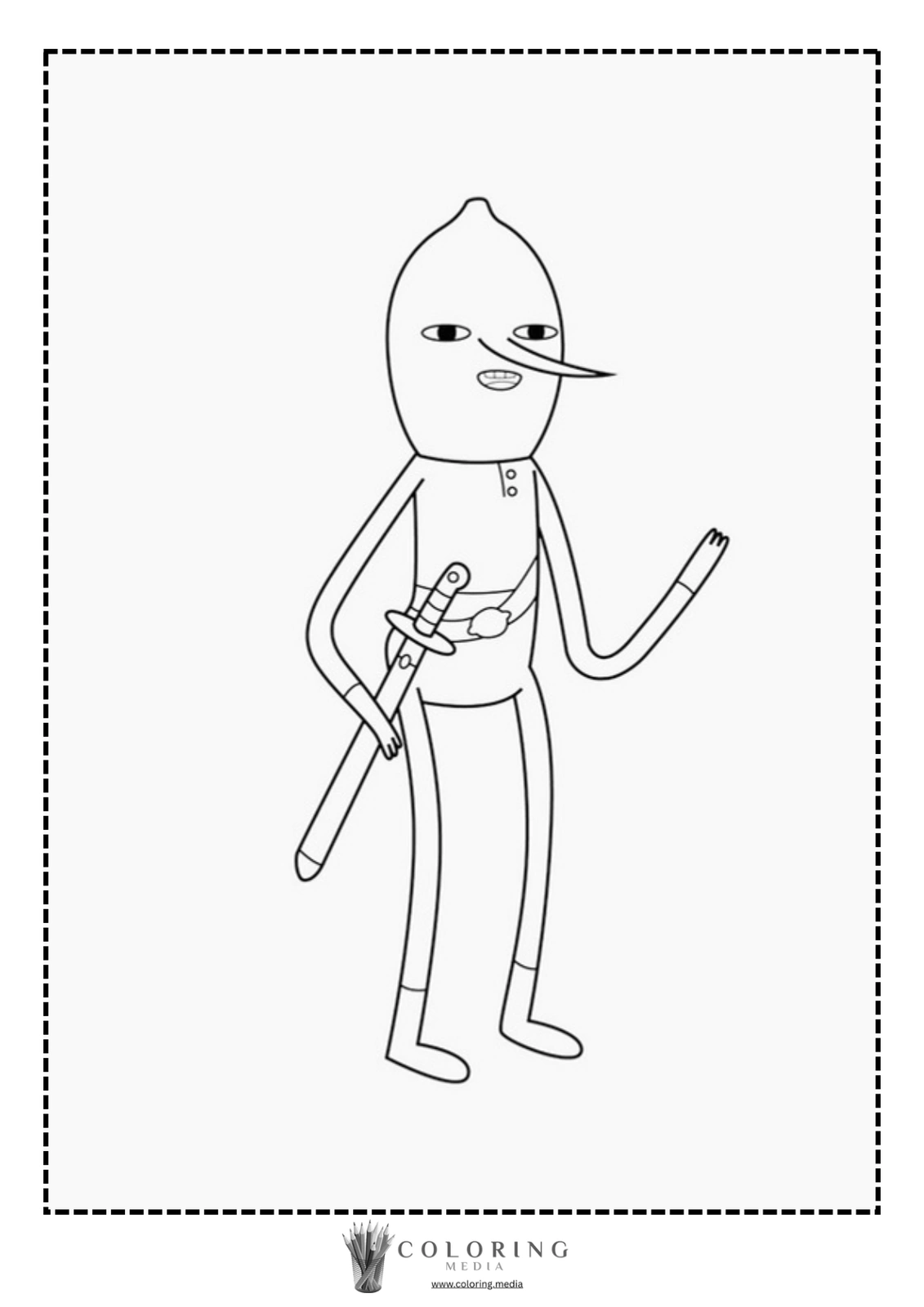 A cartoon lemon character holds a sword and gestures with one hand.