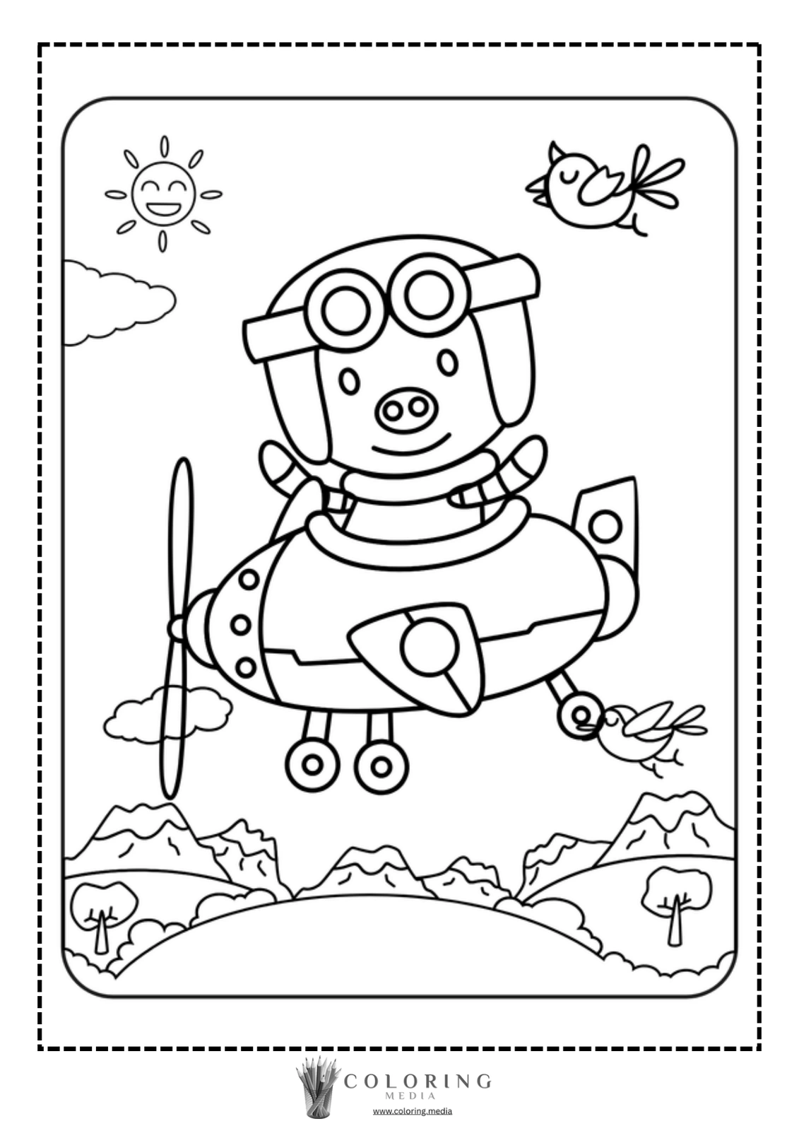 A pig wearing goggles flies an airplane, surrounded by mountains and a bird.