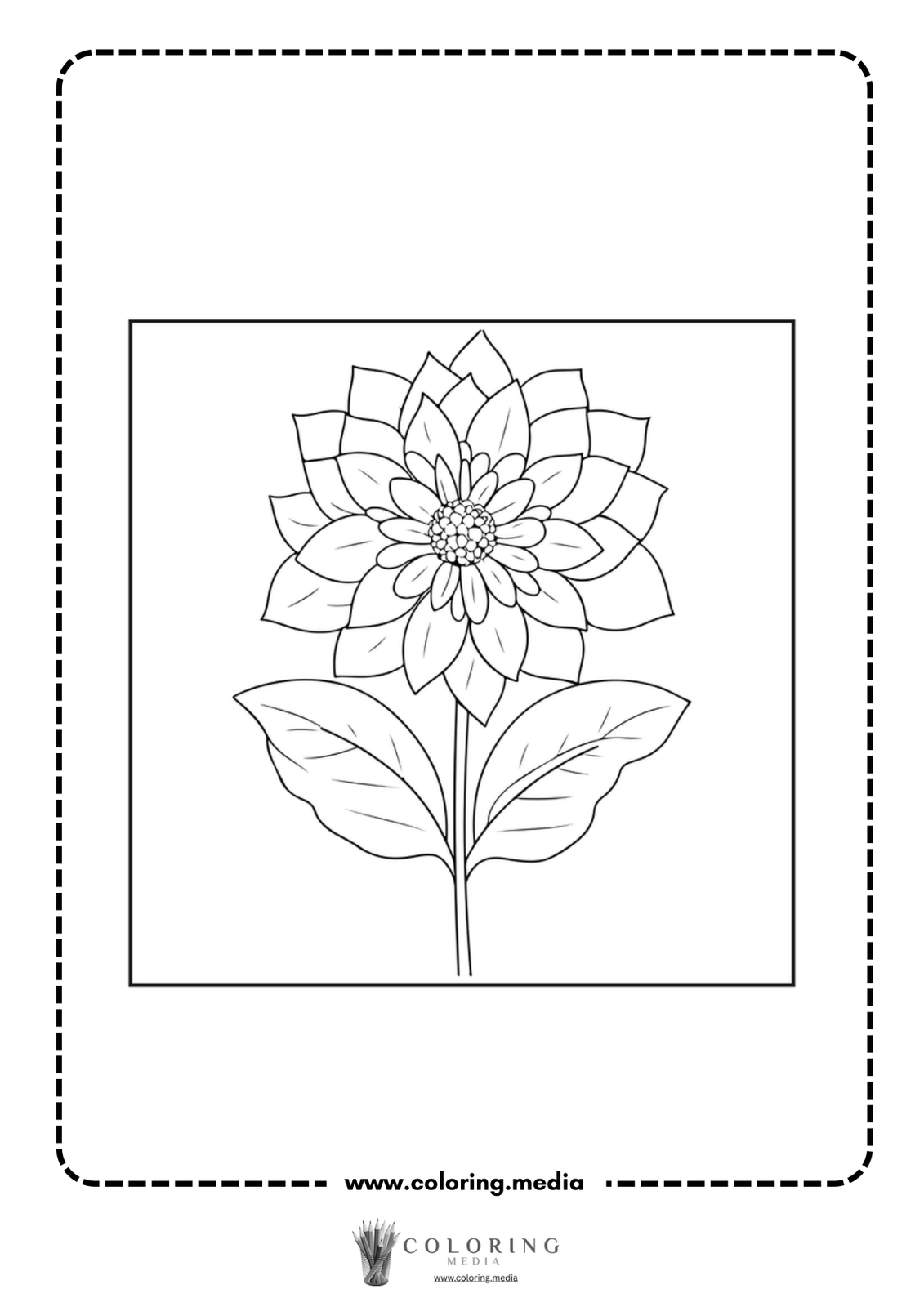 A detailed line drawing of a flower with leaves, ready for coloring.