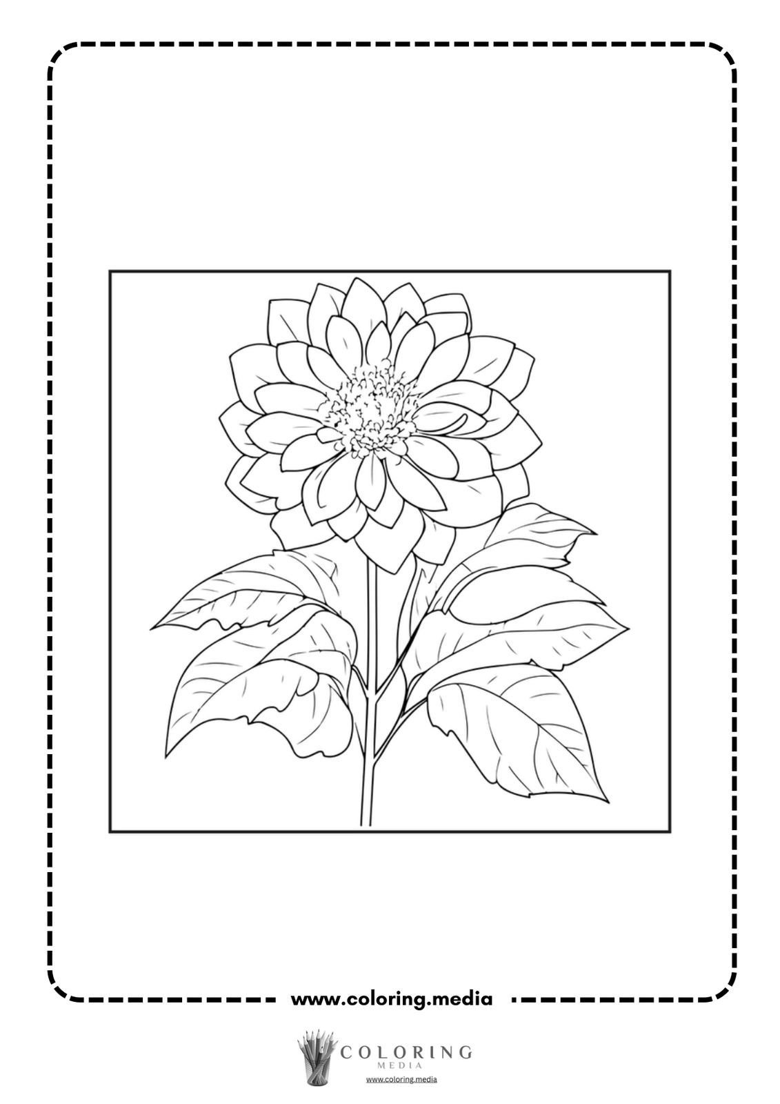 A detailed line drawing of a flower with leaves, ready for coloring.