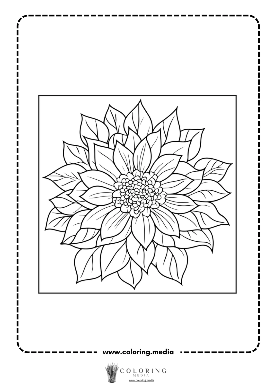 A detailed black and white illustration of a flower with leaves.