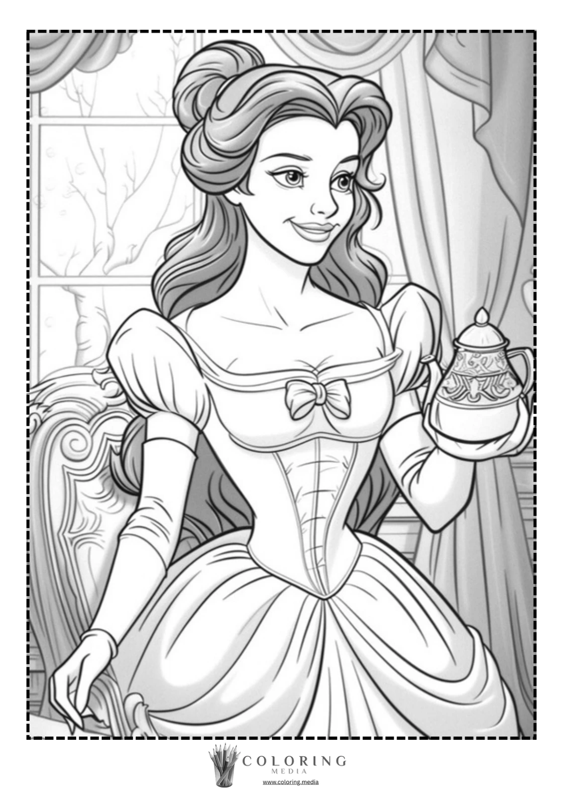 A young woman in a gown holds a teapot, smiling warmly.