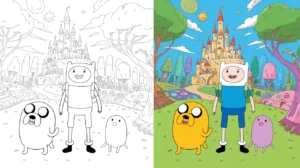 Finn and Jake stand happily in a colorful, whimsical landscape.