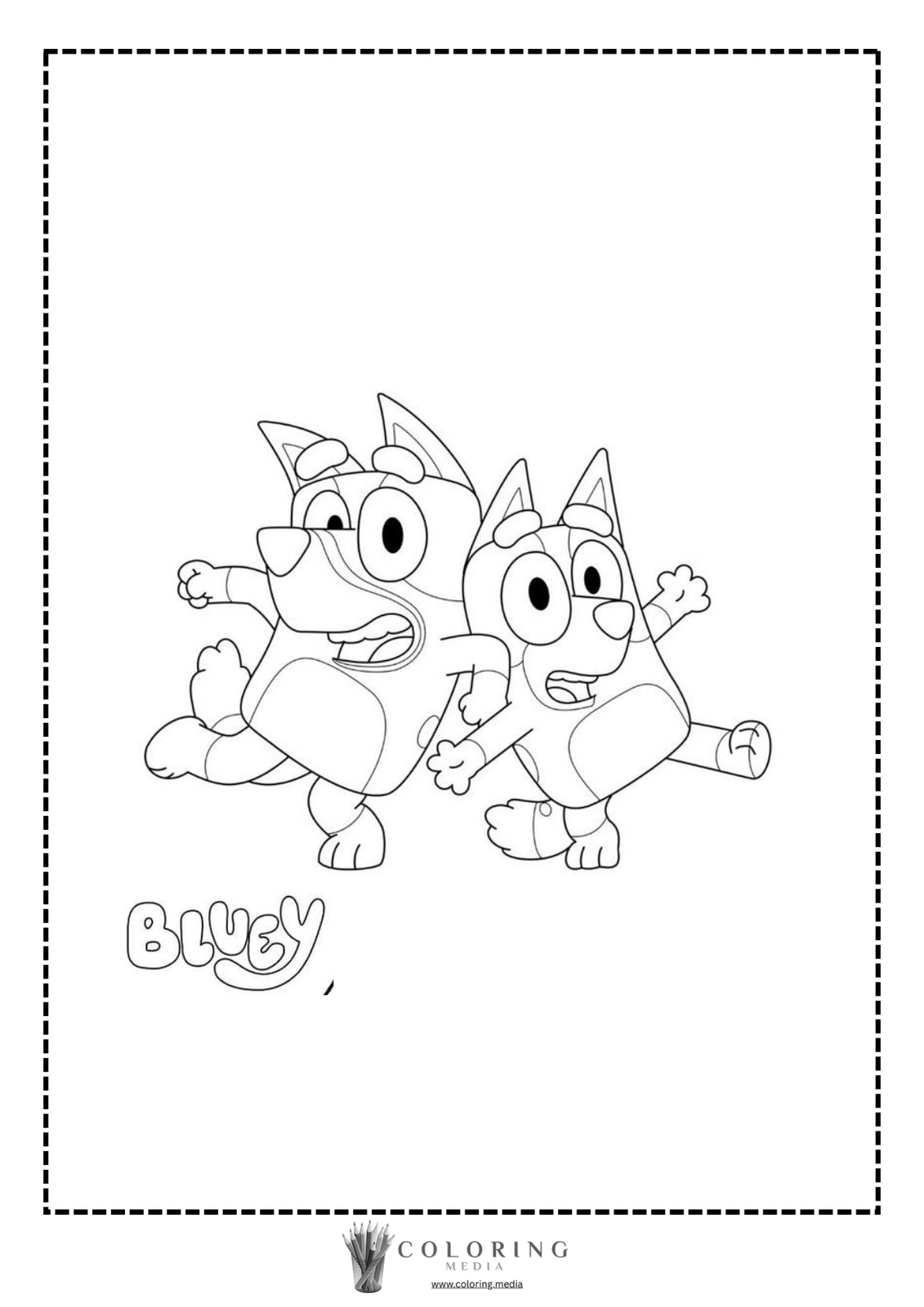 Two cartoon dogs, Bluey and Bingo, joyfully running and playing together.