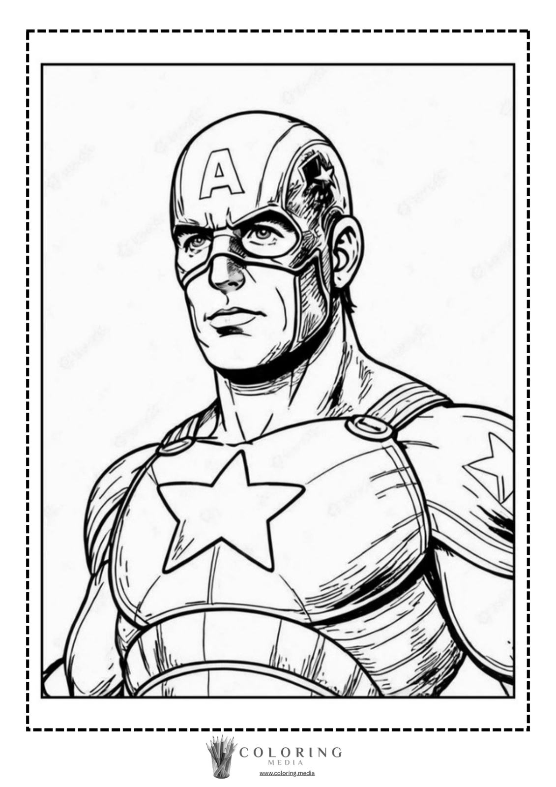 A superhero with a star emblem gazes confidently forward.