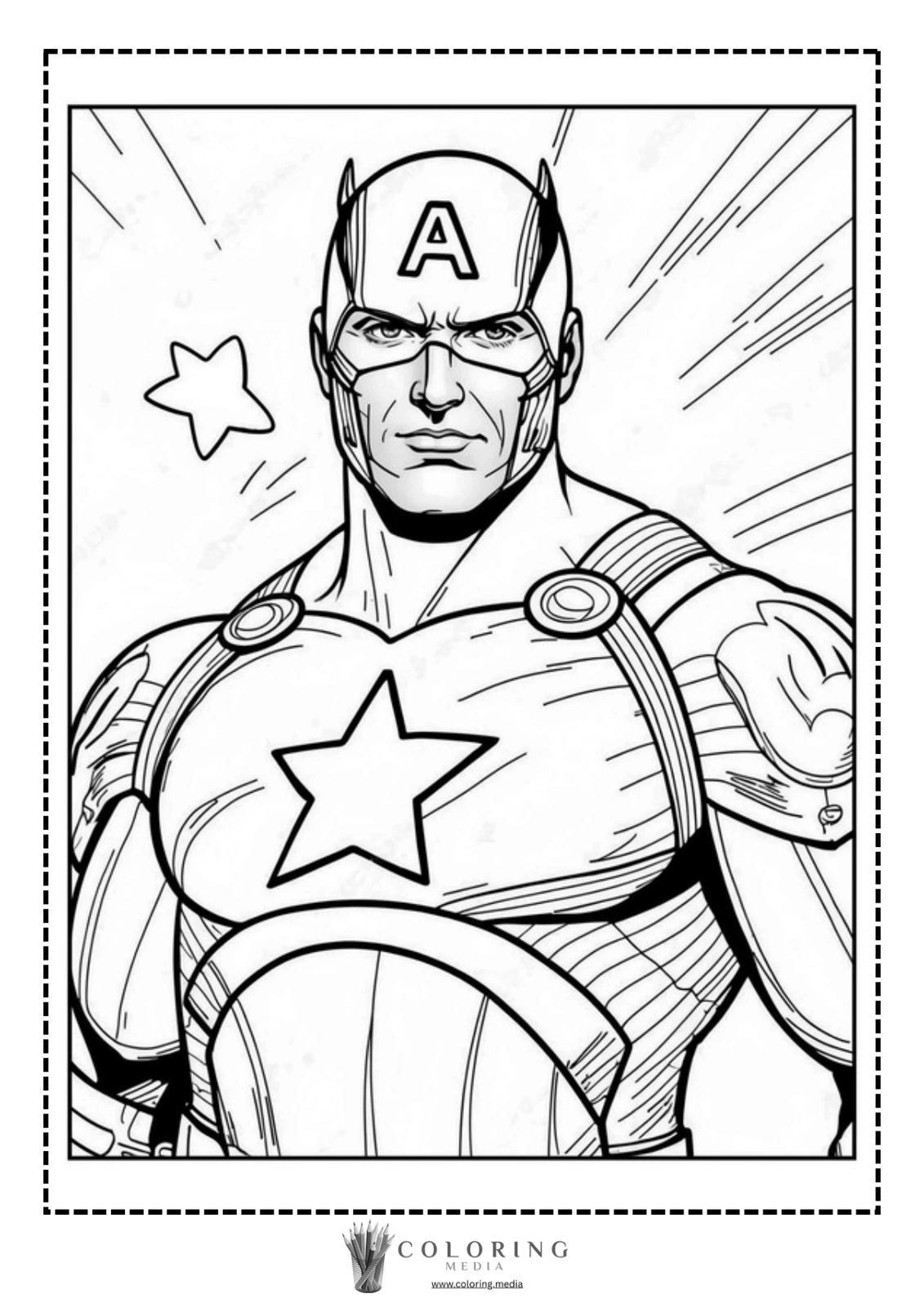 A superhero with an "A" on his forehead stares confidently, surrounded by stars.