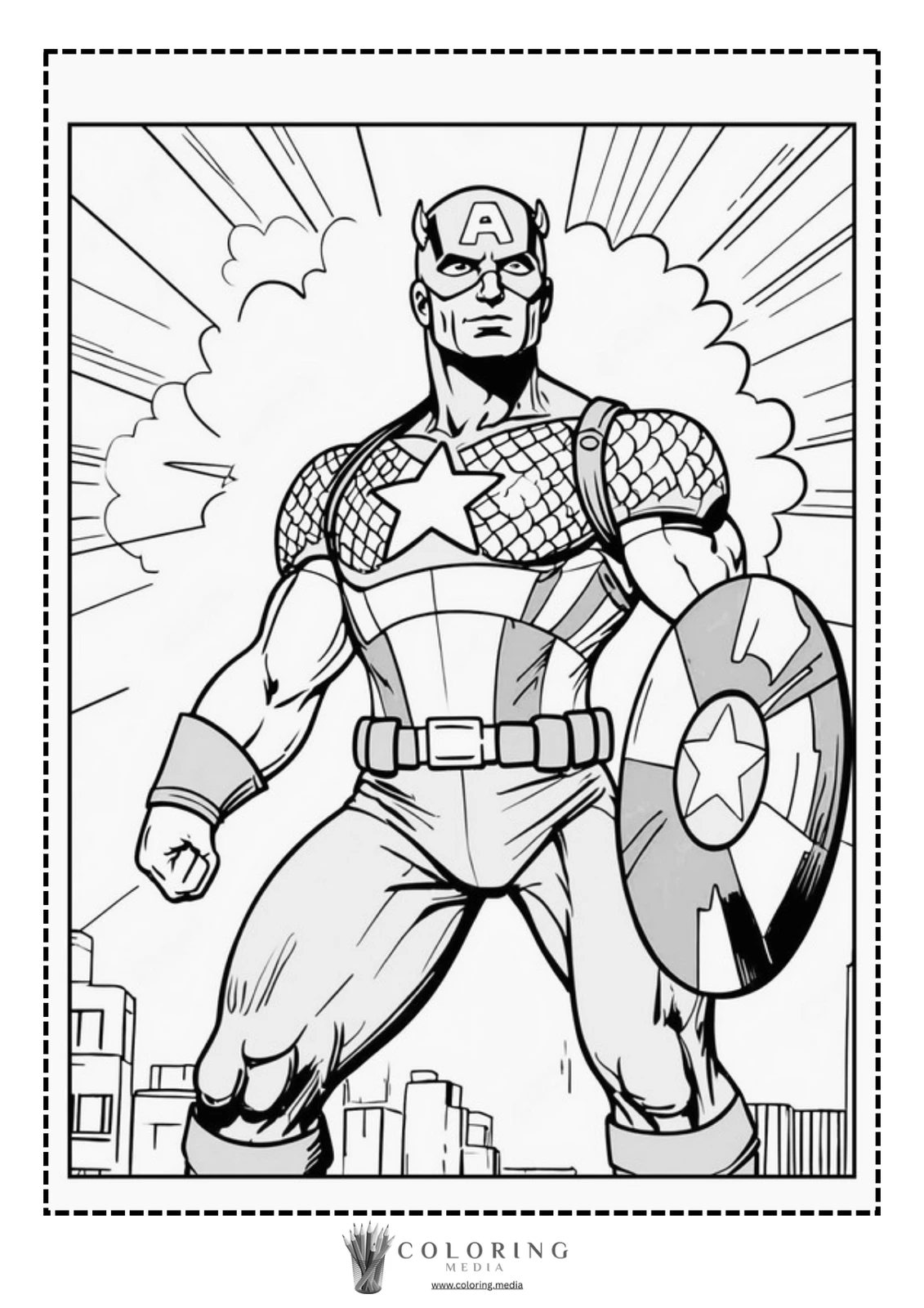 A superhero stands confidently, holding a shield, with a city backdrop.