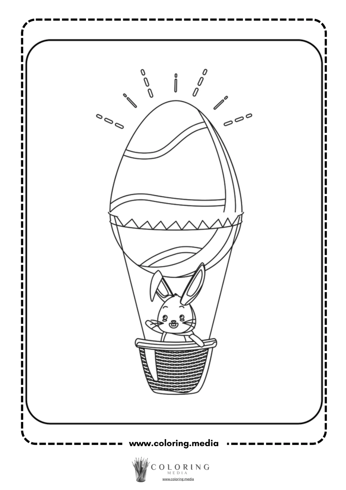 A bunny in a hot air balloon above a decorated Easter egg.