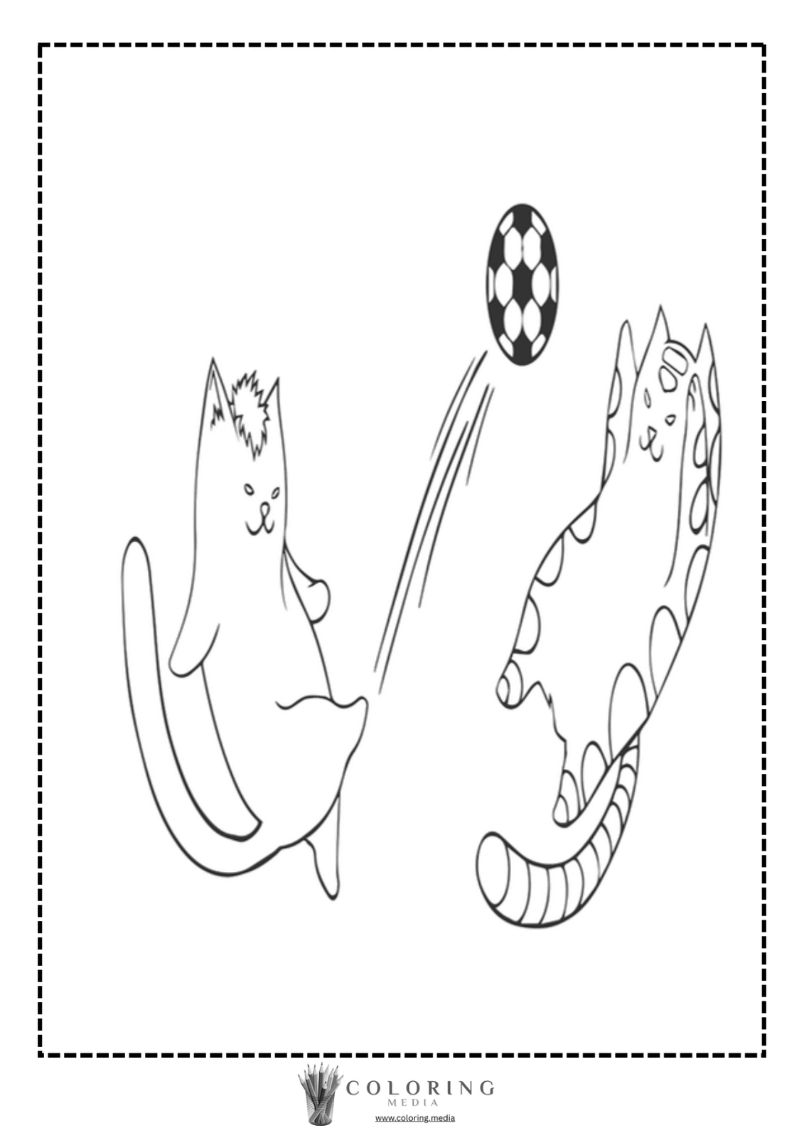 Two cats play soccer, one kicking a ball towards the other.