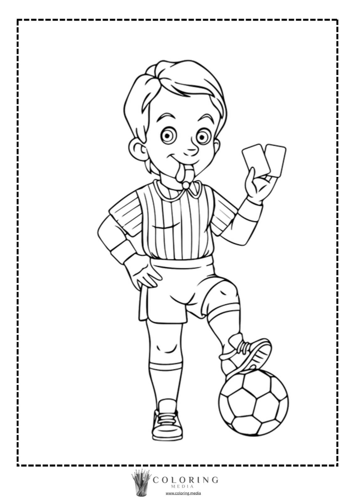 A young referee stands confidently with a soccer ball, holding yellow and red cards.