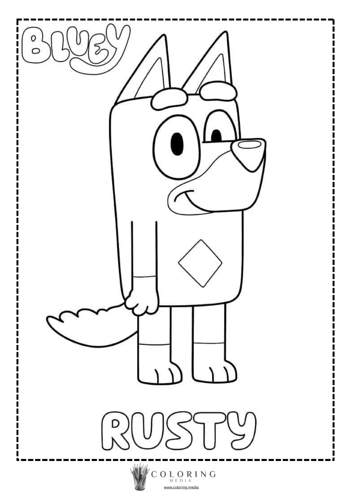 A cartoon dog character named Rusty stands smiling, outlined for coloring.