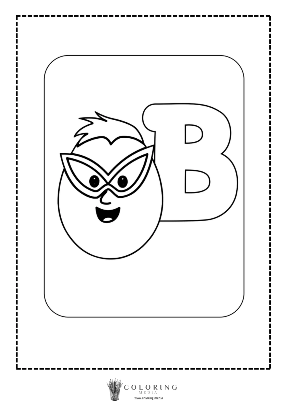 A cartoon character with glasses and a smiling face next to the letter "B."