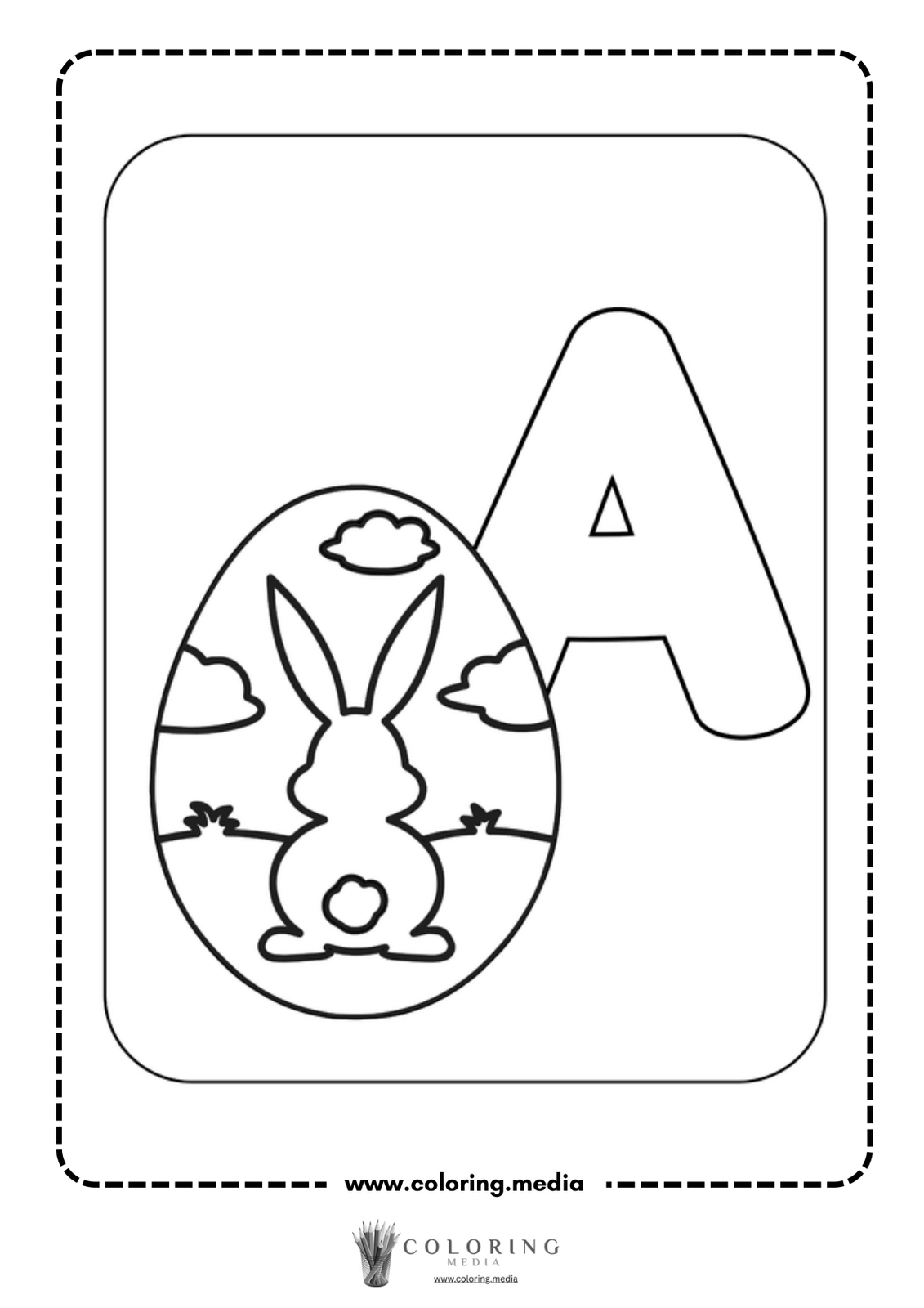 color letter A coloring page featuring a bunny and an egg with clouds and grass.
