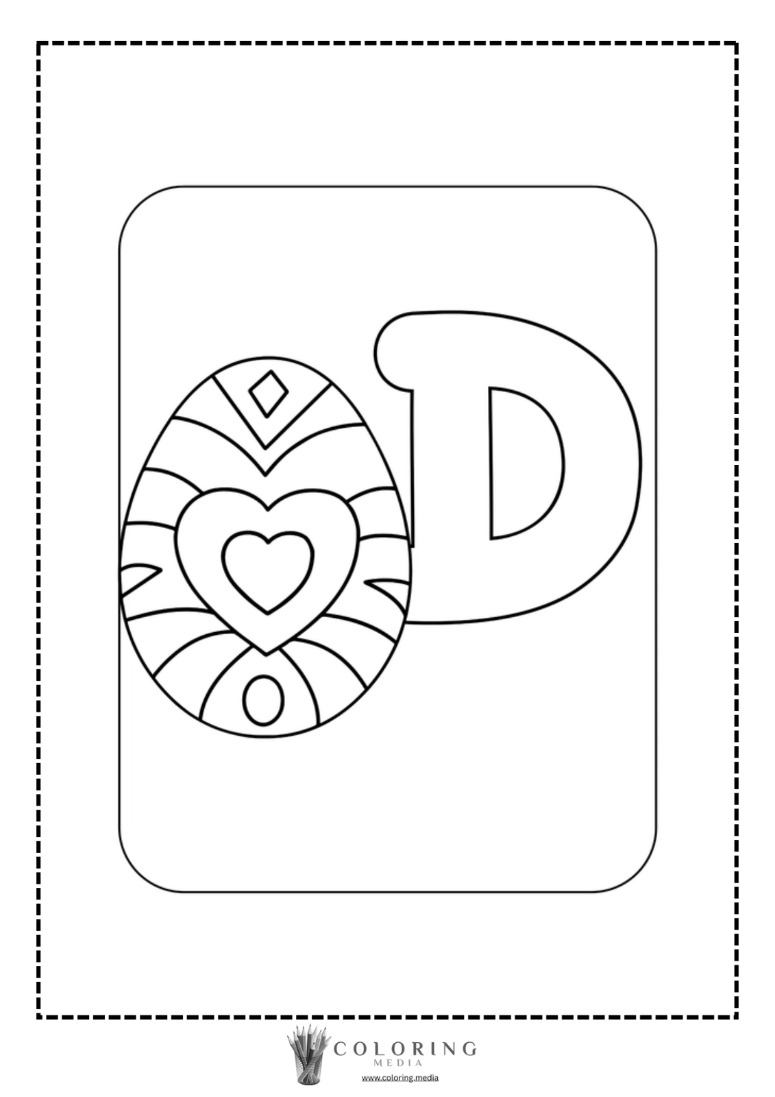 A coloring page featuring a decorated egg and the letter "D."