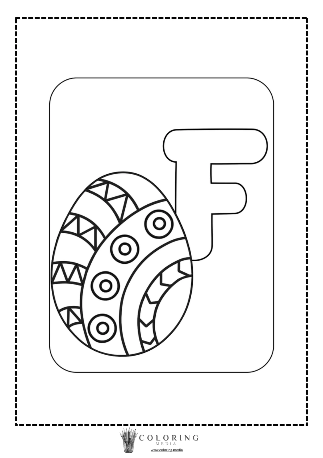 Coloring page featuring a decorated egg and the letter "F."