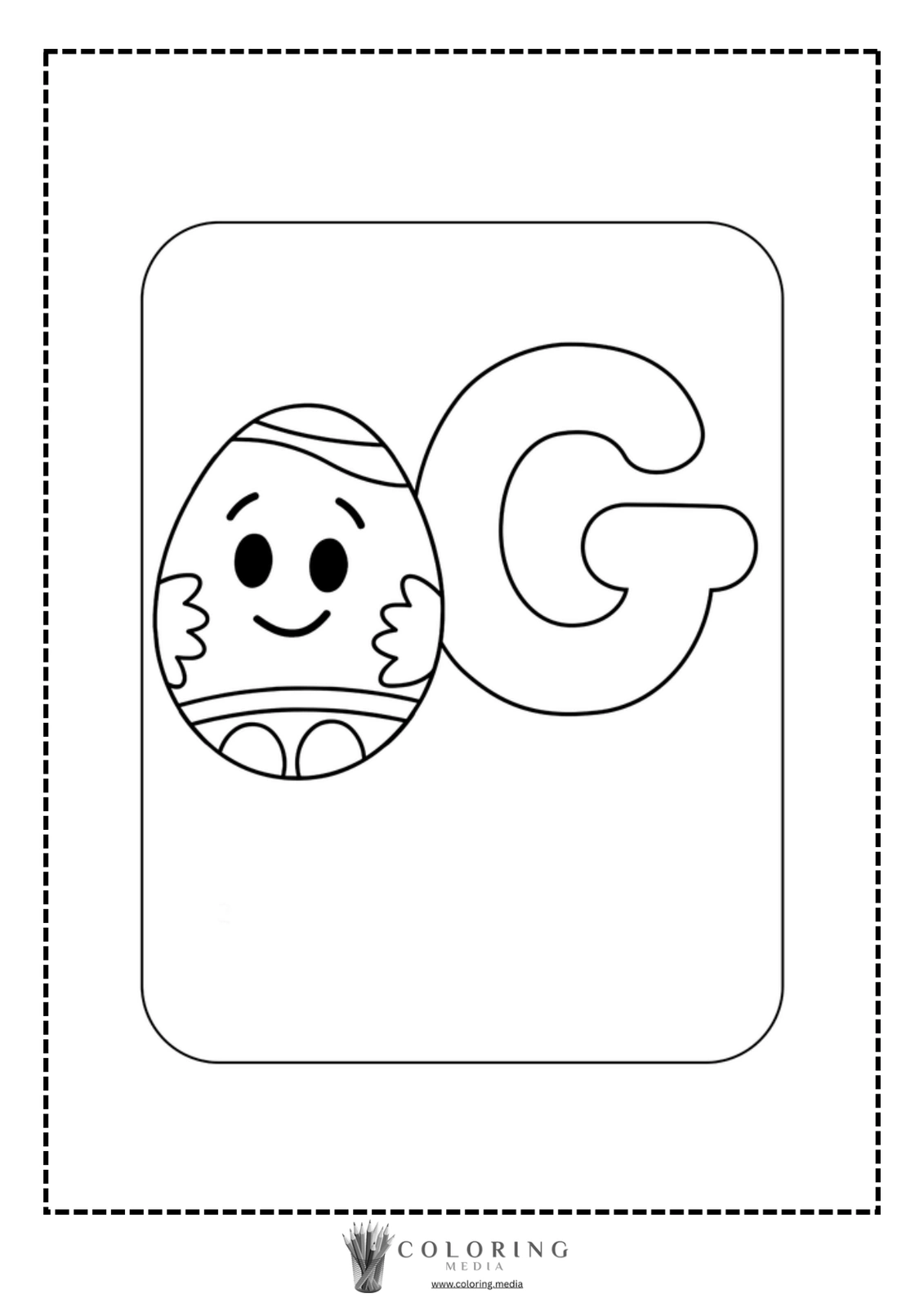 A smiling egg character is next to the letter "G" on a coloring page.