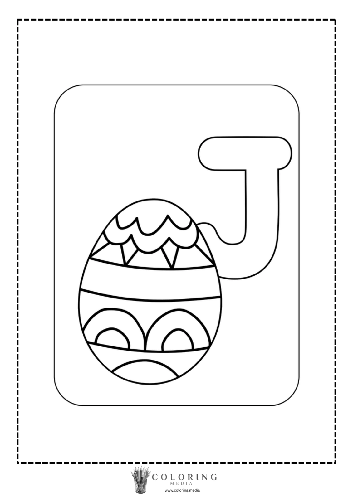 Coloring page featuring a decorated egg and the letter "J."