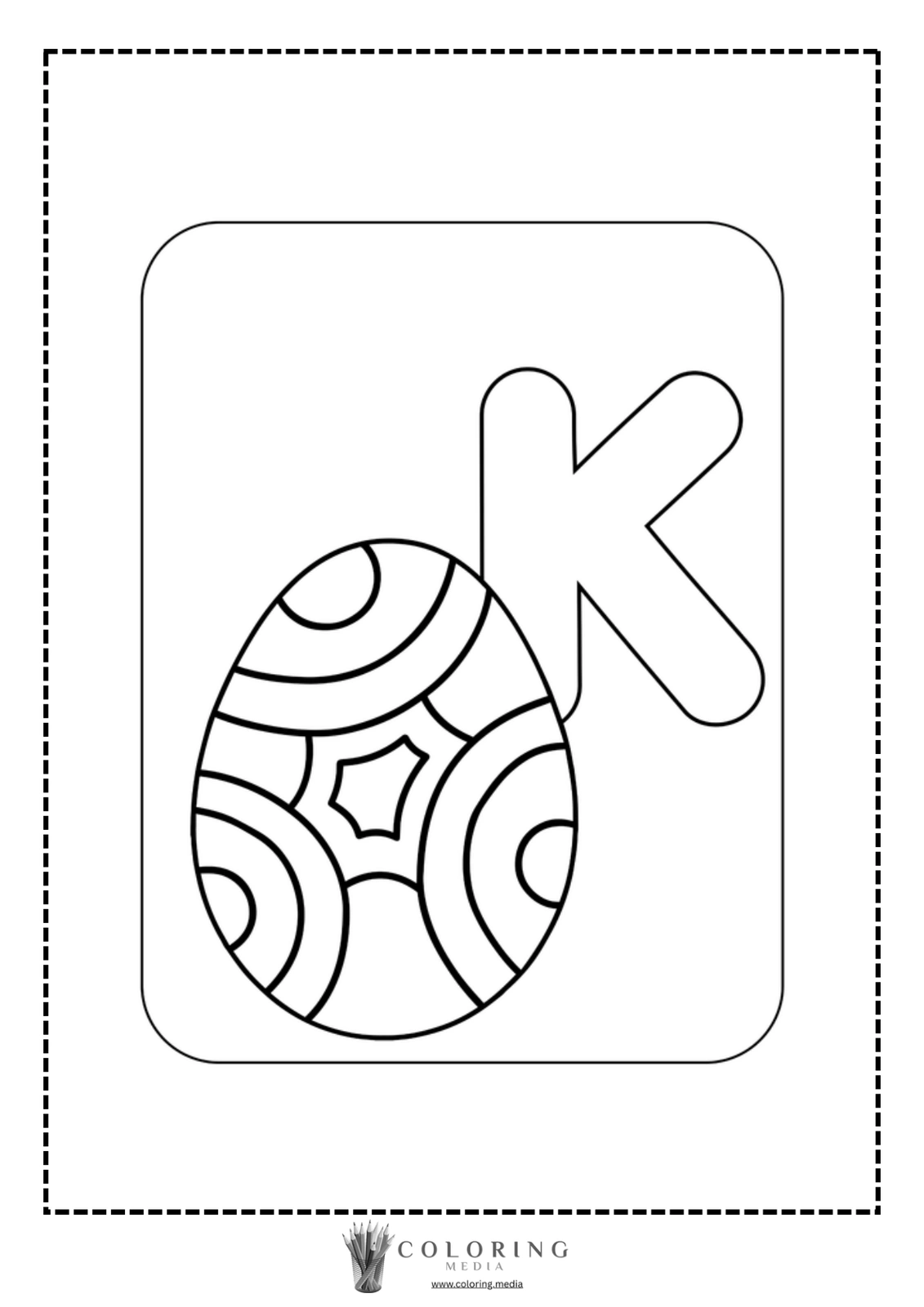 Coloring page featuring a decorated egg and the letter "K."