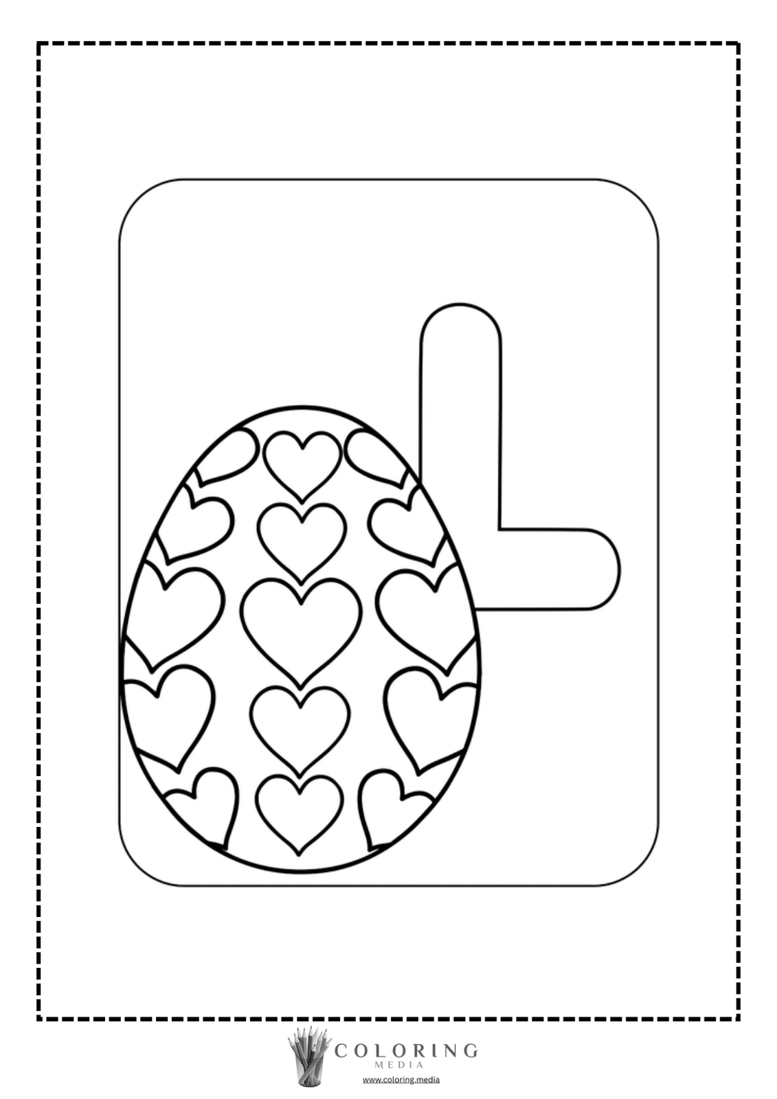 A decorated egg with heart patterns next to the letter "L" for coloring.