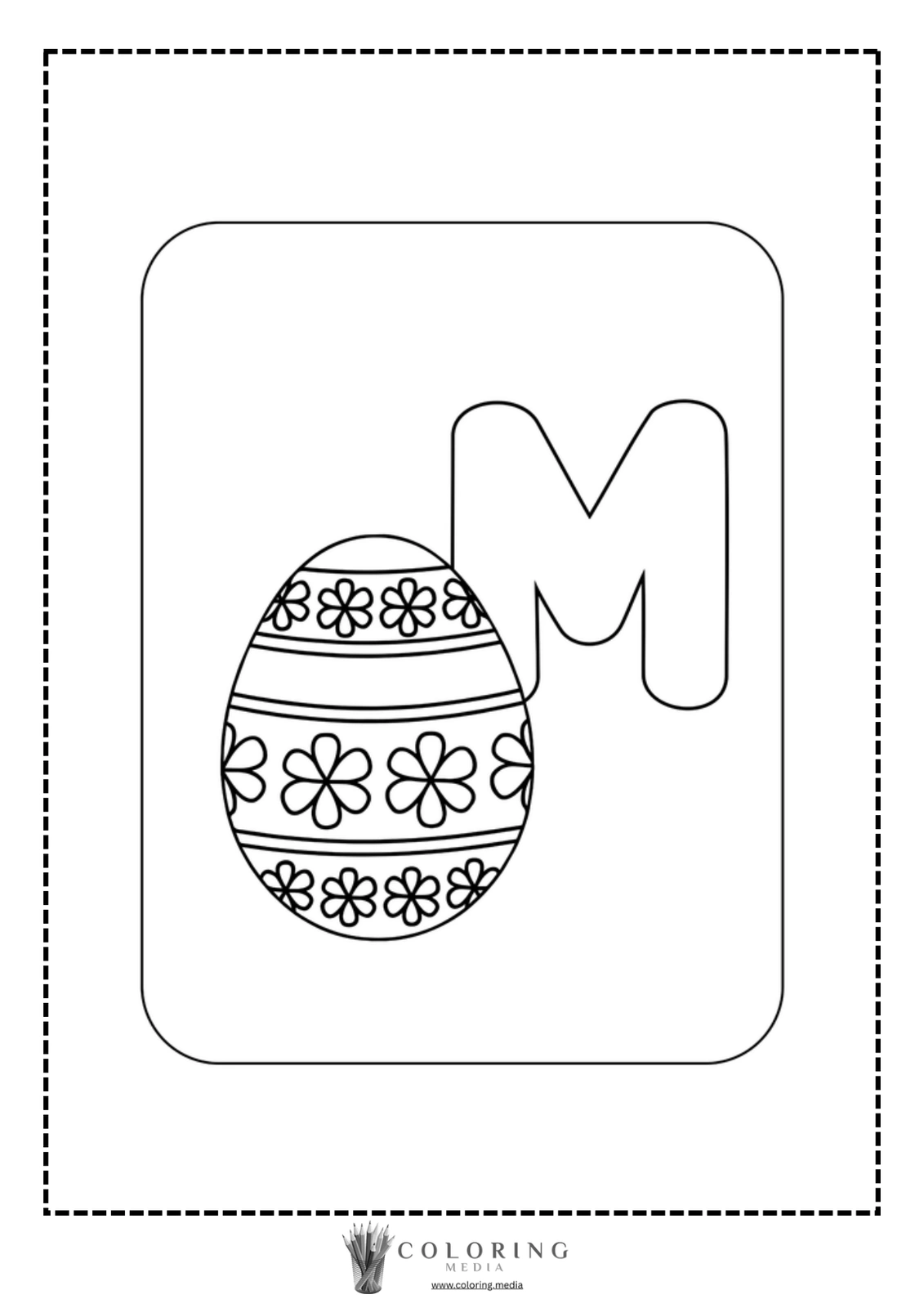 Coloring page featuring a decorated Easter egg and the letter "M."