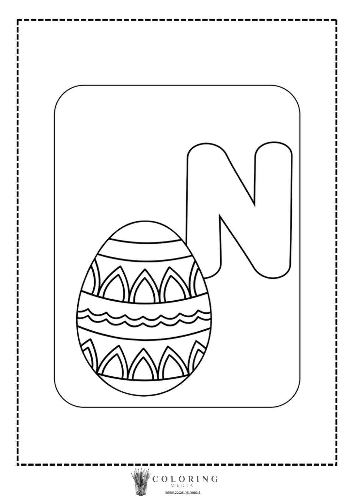 Coloring page featuring a decorated egg and the letter "N."